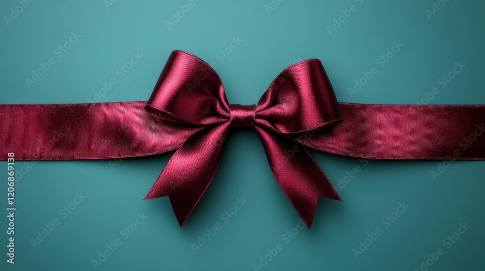 Elegant maroon bow with satin finish resting on a vibrant turquoise background, perfect for celebrations Elegant maroon bow with satin finish resting on a vibrant turquoise background, perfect for celebrations