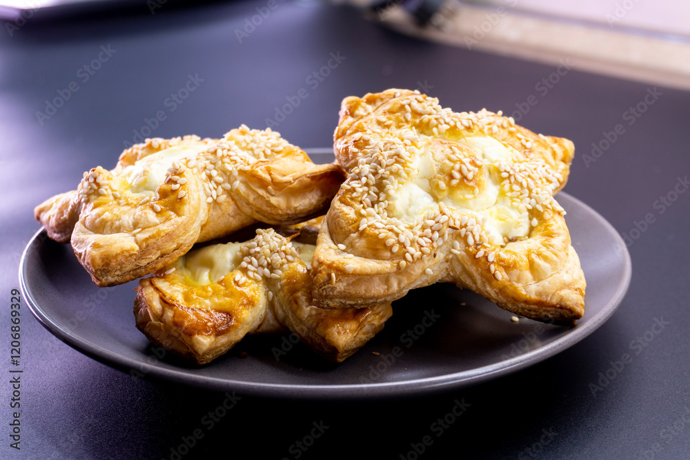 puff pastry with cream cheese and sesame. Baking concept. Homemade food. Baking cakes in the oven. puff pastry with cream cheese and sesame. Baking concept. Homemade food. Baking cakes in the oven.