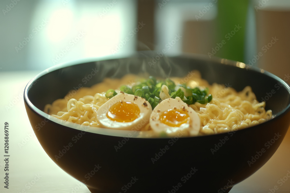 Steaming bowl of ramen with soft boiled eggs and green onions served on a wooden table Steaming bowl of ramen with soft boiled eggs and green onions served on a wooden table