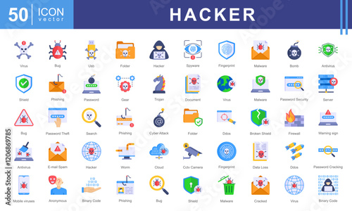 Hacker icon collection set. Containing computers, code, cybersecurity, software, hacker activity,  worm virus, hacking, phishing, encryption. Perfect for tech projects, security apps, digital fiction.