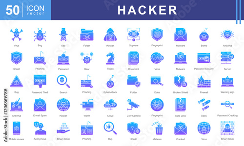 Hacker icon collection set. Containing computers, code, cybersecurity, software, hacker activity,  worm virus, hacking, phishing, encryption. Perfect for tech projects, security apps, digital fiction.