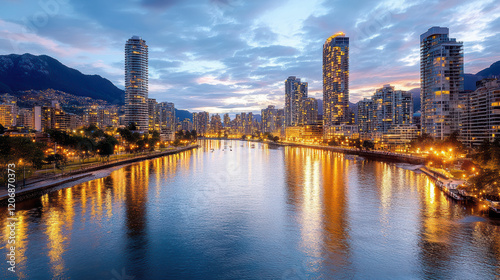 stunning skyline at dusk featuring river reflecting city lights