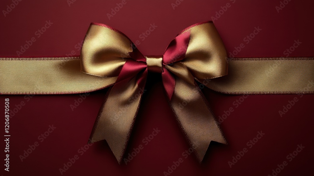 Elegant gold and red ribbon bow resting on a deep red background, perfect for festive occasions and gift wrapping Elegant gold and red ribbon bow resting on a deep red background, perfect for festive occasions and gift wrapping