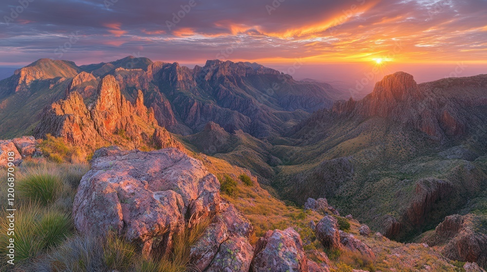 Fototapeta premium Of a rugged landscape at sunset, with the sun casting a golden glow across a mountain ridge