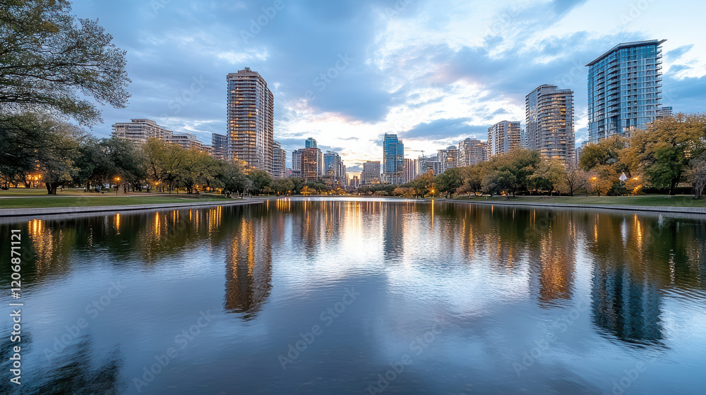 Fototapeta premium serene city skyline reflected in calm lake at dusk, showcasing vibrant colors