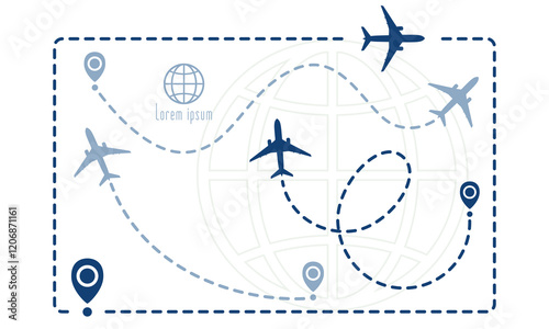 Airplane line path vector icons set. Collection of air plane flight route with start point and dash line trace. Traveling the world, air travel, trip abroad on vacation, cruises and tours concept