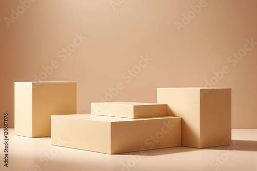 Advertising poster style Minimal scene with geometrical forms,cubes podiums in cream background with shadows,Scene to show cosmetic product
