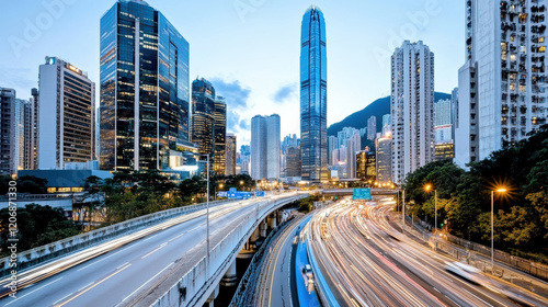 bustling city skyline at dusk with busy traffic and skyscrapers
