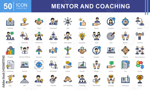Mentor and Coaching icon collection set. Containing coach, students, presentations, guidance, trainee program and learning materials. Great for education, workshops, or self development services.