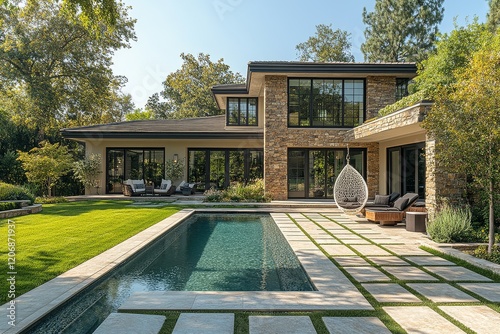Backyard of a large traditional Beverly Hills home, featuring square paver stones, hanging chair, tree, pool, and high-end hardscapes and landscaping.