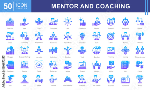 Mentor and Coaching icon collection set. Containing coach, students, presentations, guidance, trainee program and learning materials. Great for education, workshops, or self development services.