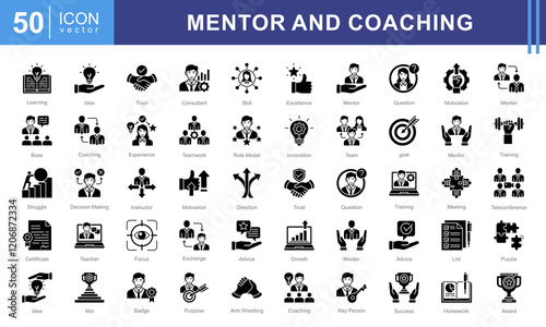 Mentor and Coaching icon collection set. Containing coach, students, presentations, guidance, trainee program and learning materials. Great for education, workshops, or self development services.