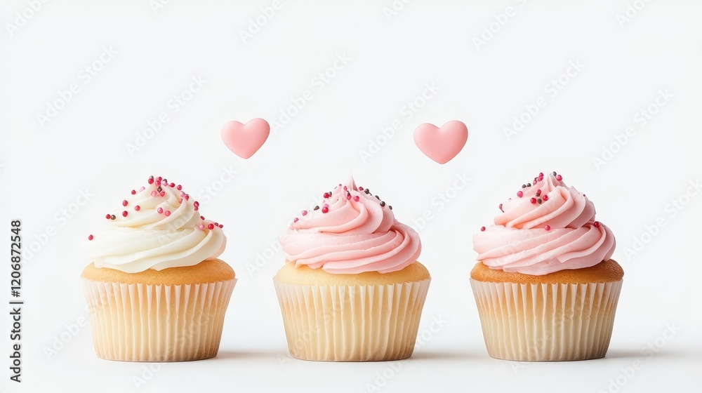 Delicious cupcakes with pink and white frosting topped with colorful sprinkles and hearts on a white background perfect for celebrations and dessert lovers Delicious cupcakes with pink and white frosting topped with colorful sprinkles and hearts on a white background perfect for celebrations and dessert lovers