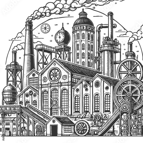 industrial factory with multiple smokestacks emitting smoke, featuring vintage architectural design and machinery sketch engraving generative ai vector illustration. Scratch board. Black and white.