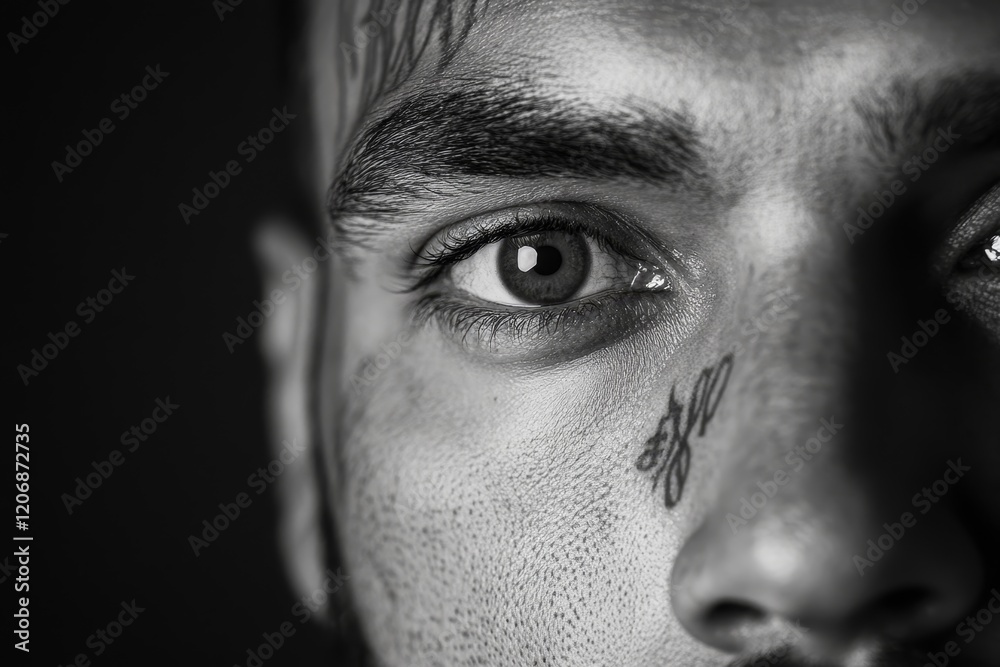 Naklejka premium Close-up of a man's eye with facial tattoos and intense expression captured in black and white