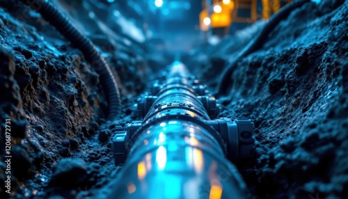Underground pipeline in construction site with high-tech lighting and blue ambiance