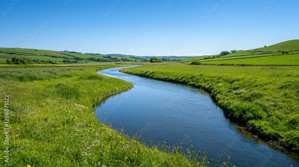 Tranquil Scene of Winding River Curving Through Lush Green Landscape Under Clear Blue Sky Tranquil Scene of Winding River Curving Through Lush Green Landscape Under Clear Blue Sky