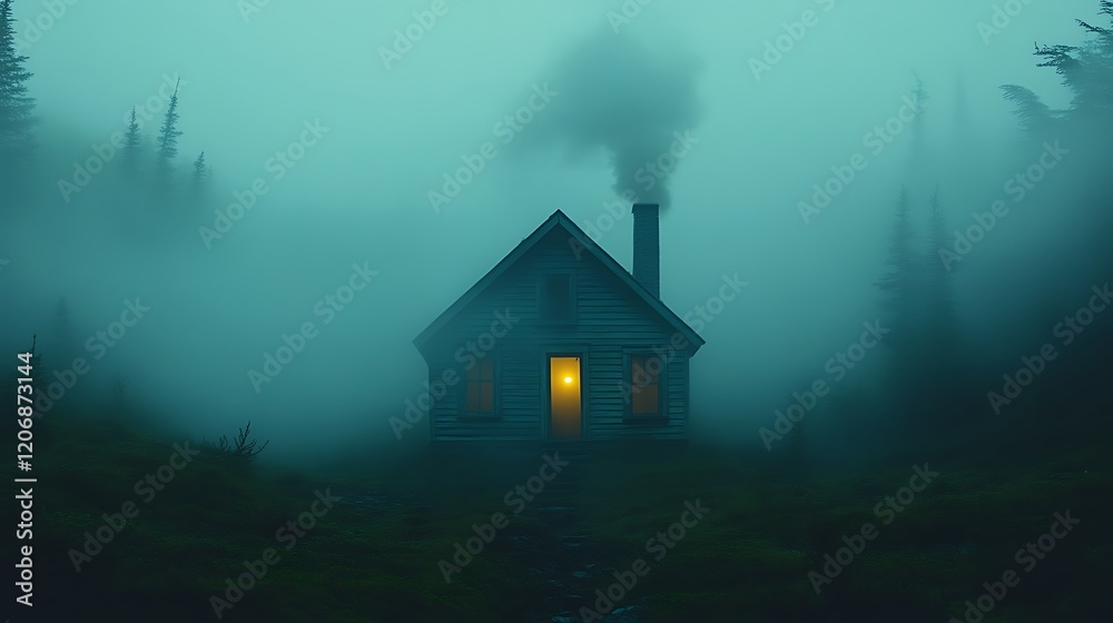 A Lonely Cabin in a Foggy Forest at Night A Lonely Cabin in a Foggy Forest at Night