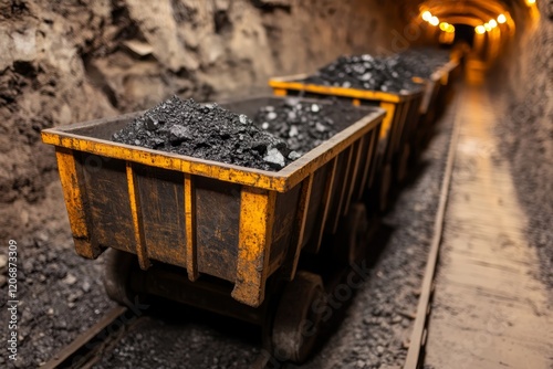 Coal carts transporting mined material through a dimly lit tunnel at an underground mining site