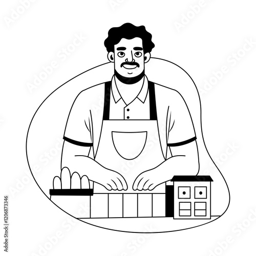 A glyph illustration of a shopkeeper selling things 

