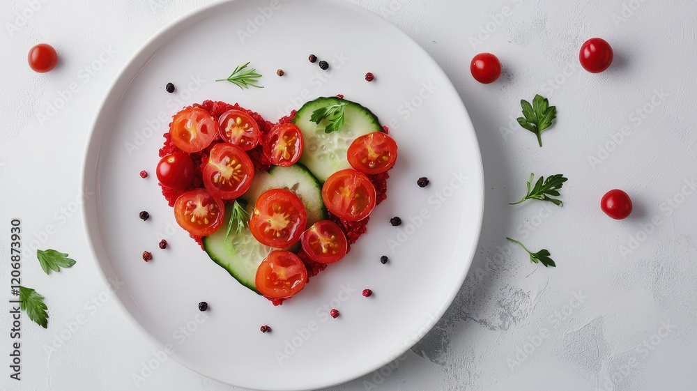 Healthy Heart Concept. Colorful heart-shaped salad on a white plate with fresh ingredients. Healthy Heart Concept. Colorful heart-shaped salad on a white plate with fresh ingredients.