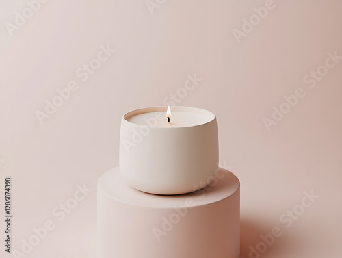 A glowing candle in a glass on a white background, emitting warm light and creating a peaceful, relaxing ambiance photo