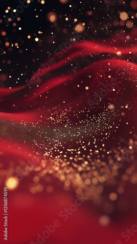 Festive Red Abstract Background with Golden Confetti and Ribbons: Dynamic 3D Design for Celebratory Marketing. AI-Generated Luxury Poster Elements with Flowing Curves and Copy Space. Versatile Backdro