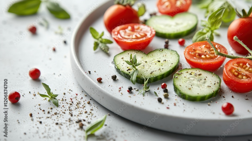 Healthy Heart Concept. Fresh vegetables arranged on a plate with herbs and spices.