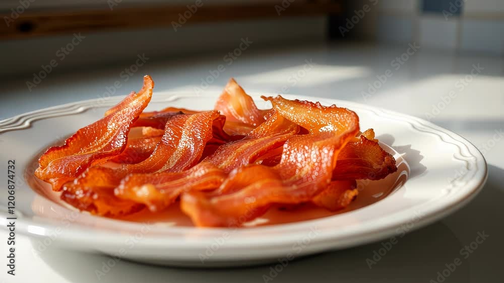 Crispy Cooked Bacon Slices on a White Plate, Perfect for Delicious Breakfast or Brunch Recipes Crispy Cooked Bacon Slices on a White Plate, Perfect for Delicious Breakfast or Brunch Recipes