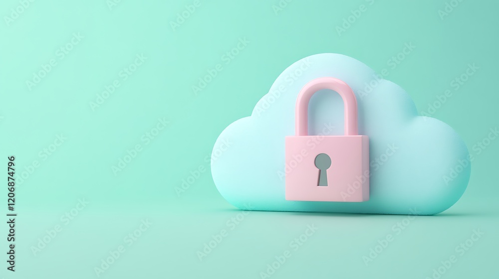 Cloud Storage Security Concept with Pink Padlock on Soft Blue Background for Digital Protection Themes