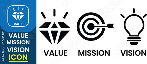 Value, Mission, Vision icon set. Diamond, target, bulb icon, vector set. Social Responsibility, Commitment, Personal Growth, Problem-Solving. Vector illustration.