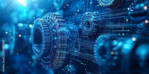 Mechanical Precision Meets Digital Innovation: Blue Technology Background with Circuitry
