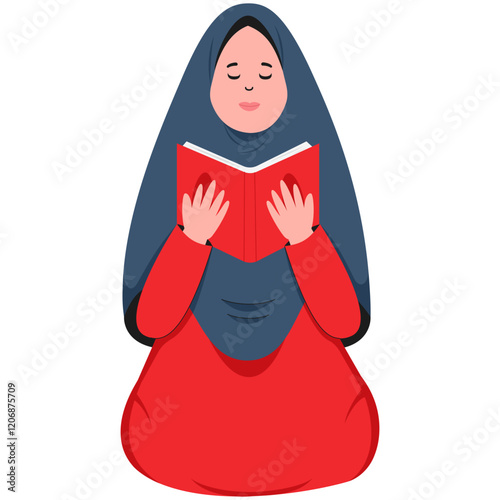 Muslim Woman Memorizing Verses of Al-Quran Illustration