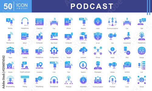 Podcast icon collection set. Containing dialogue, communications, broadcast, microphone, headphones, studio, recording, and sound waves. Perfect for content creators, radio shows, or audio production.