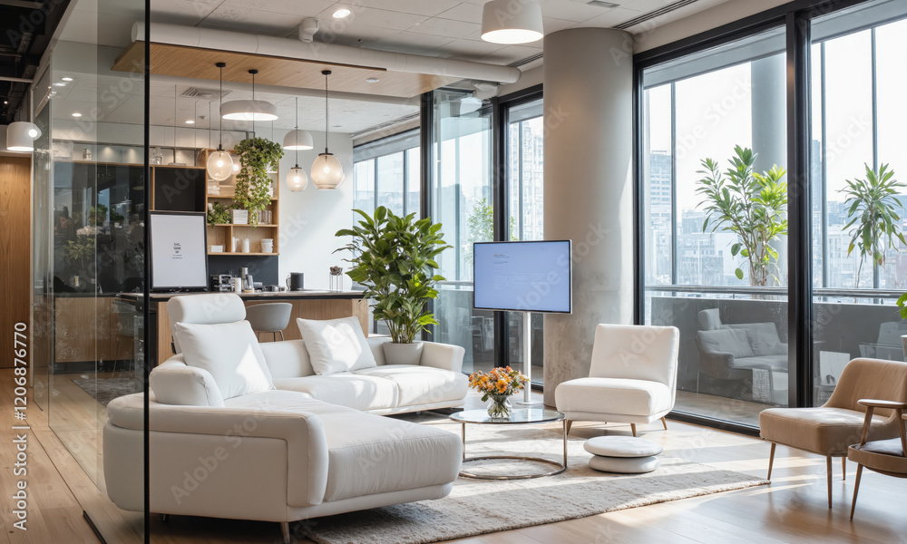 Fototapeta premium Modern lounge area with a white sofa, metal coffee table, and floor-to-ceiling windows. Add a small presentation area