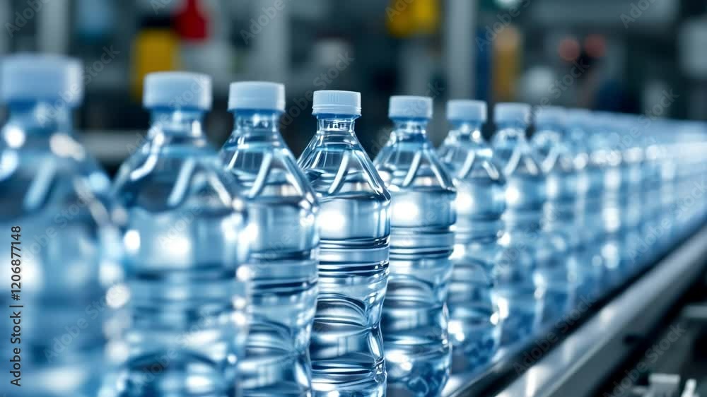 Bottled water moves along a production line Bottled water moves along a production line