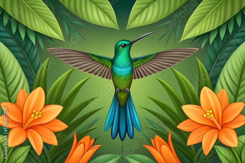 Hummingbird Long-tailed Sylph, Aglaiocercus kingi with orange flower, in flight. Hummingbird from Colombia in the bloom flower, wildlife from tropic jungle. photo