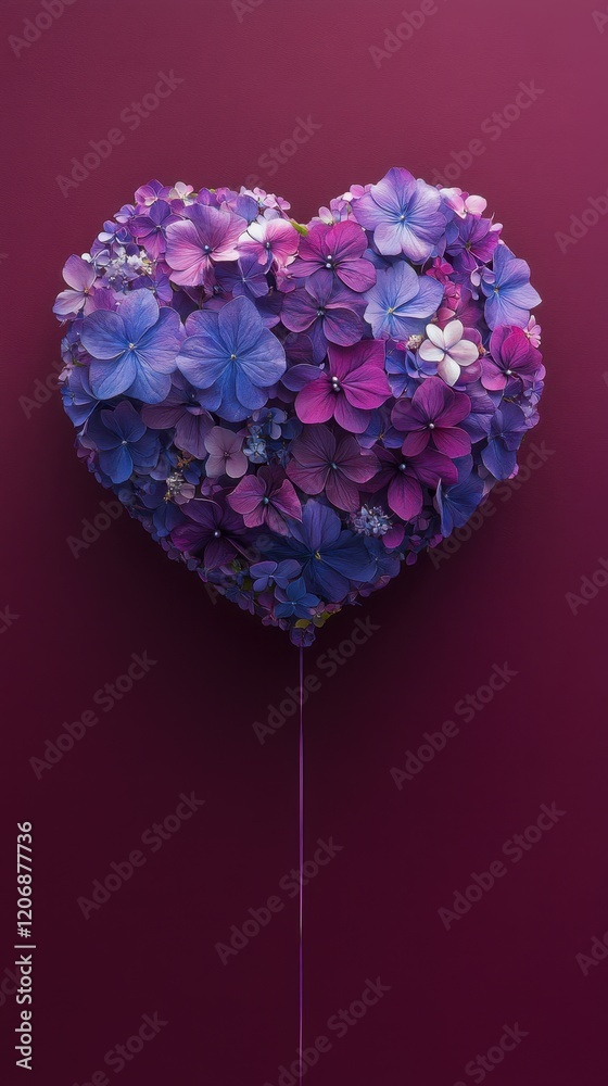 Fototapeta premium Vibrant floral heart balloon floating against a rich purple backdrop, radiating love and joy at a romantic celebration