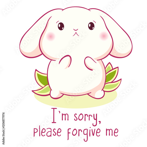 Apologize card with sad little bunny. Inscription I'm sorry, please forgive me. Cute baby rabbit apologize. Can be used from t-shirt print, card, poster. Vector illustration EPS8 