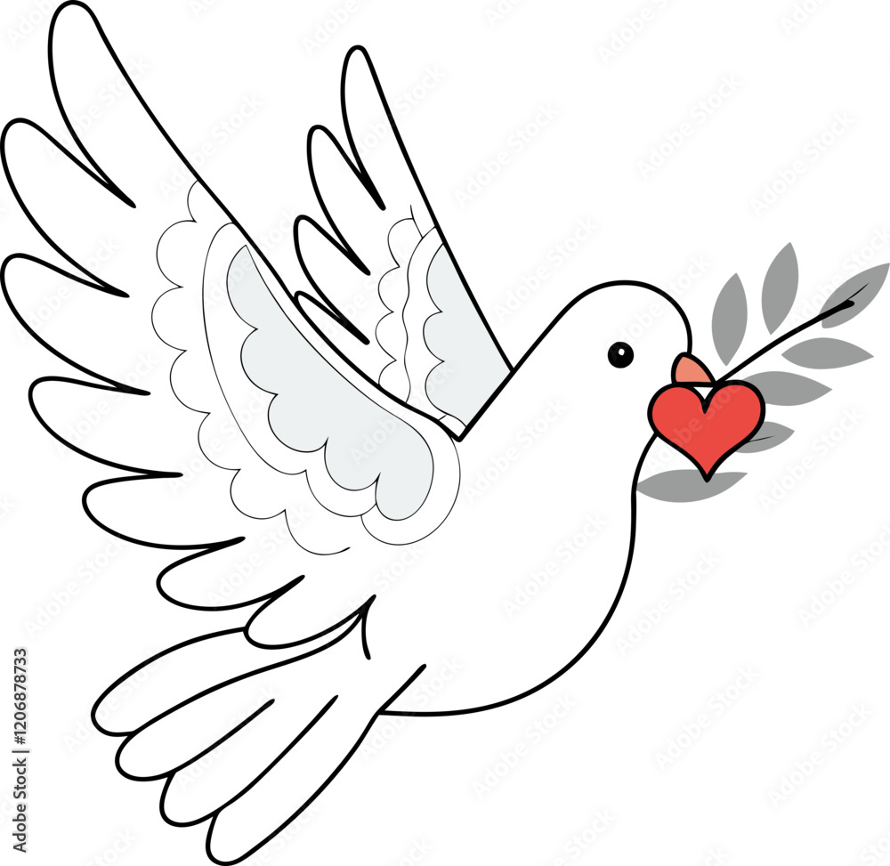Fototapeta premium Dove of Peace with Olive Branch and Heart. Happy Valentine day