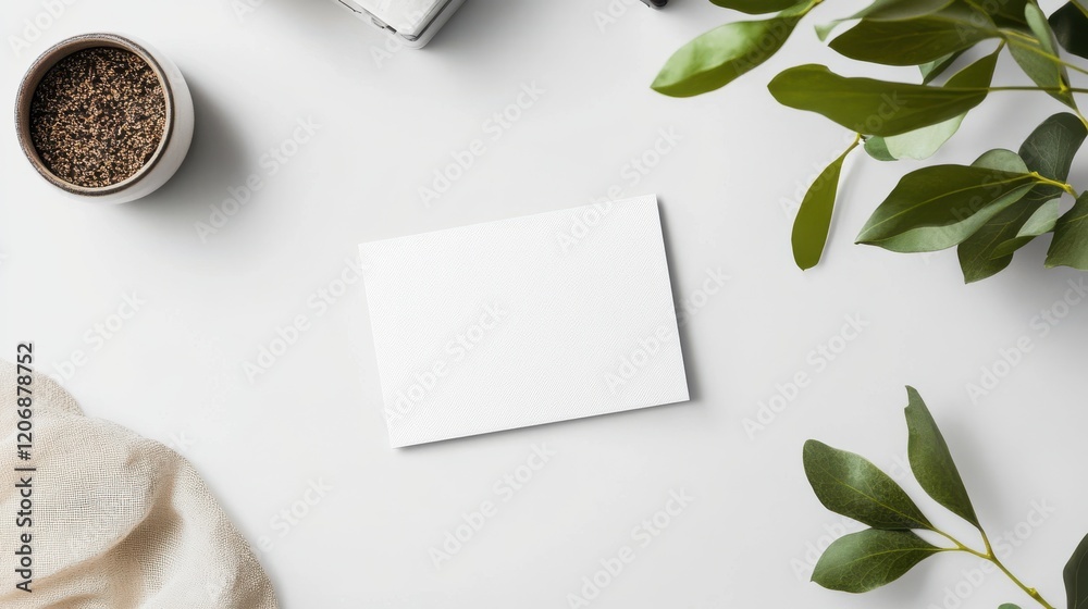 Minimalist Mockup: A blank card rests elegantly atop a pristine white surface, surrounded by delicate greenery and a hint of beige fabric. The perfect canvas for your design showcasing a natural. Minimalist Mockup: A blank card rests elegantly atop a pristine white surface, surrounded by delicate greenery and a hint of beige fabric. The perfect canvas for your design showcasing a natural.
