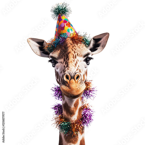 A tall giraffe character wearing a fun, oversized New Year’s party hat. photo