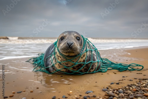 Environmental Disaster. A Grey Seal tragically entangled in a fishing net.