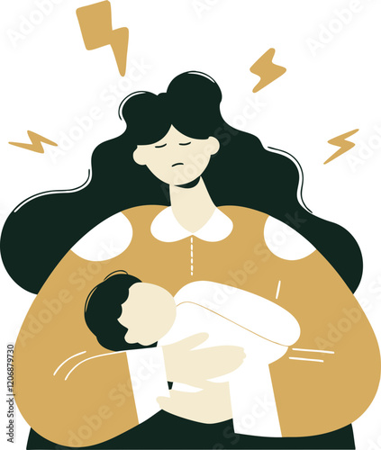 Exhausted Mother Holding Baby.