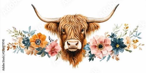 Highland Cow Portrait with Watercolor Floral Wreath Autumnal Style Rustic Charm