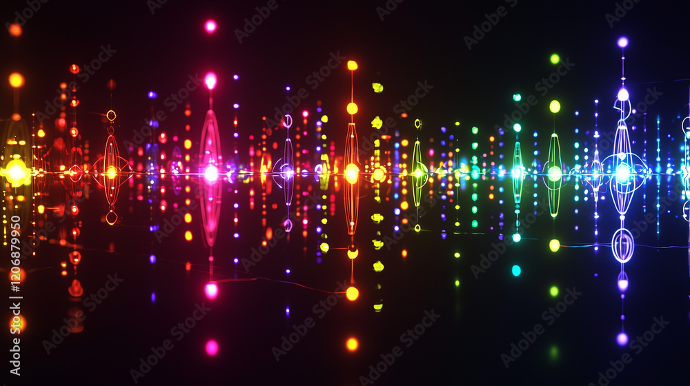 Obraz premium A minimalist design of quantum logic gates, represented by colorful abstract shapes connected by luminous lines in a dark background, symbolizing quantum computing processes.