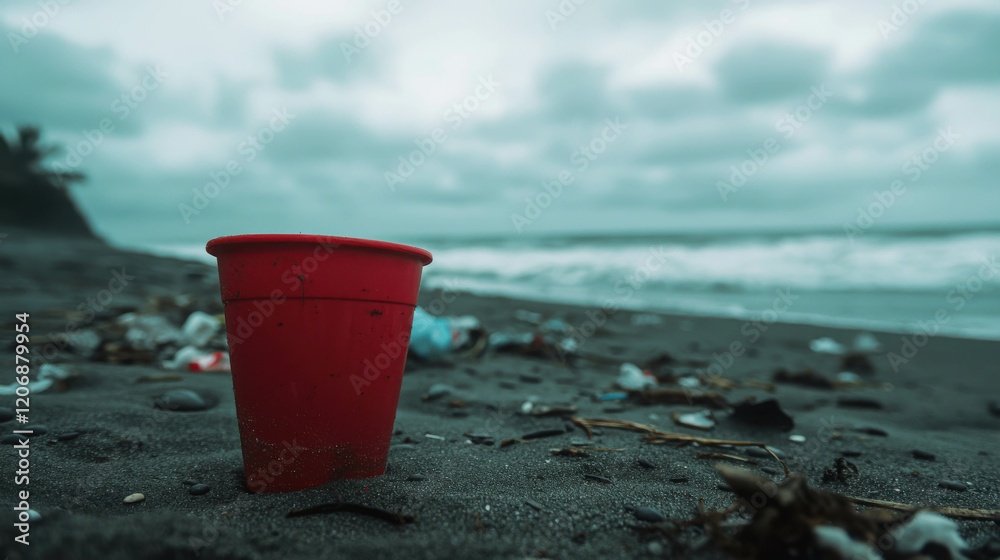 Abandoned Beach Party Site with Plastic Cups and Straws Littering the Shoreline Abandoned Beach Party Site with Plastic Cups and Straws Littering the Shoreline