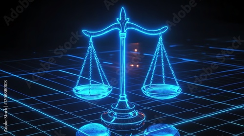 Digital illustration of glowing scales of justice. photo