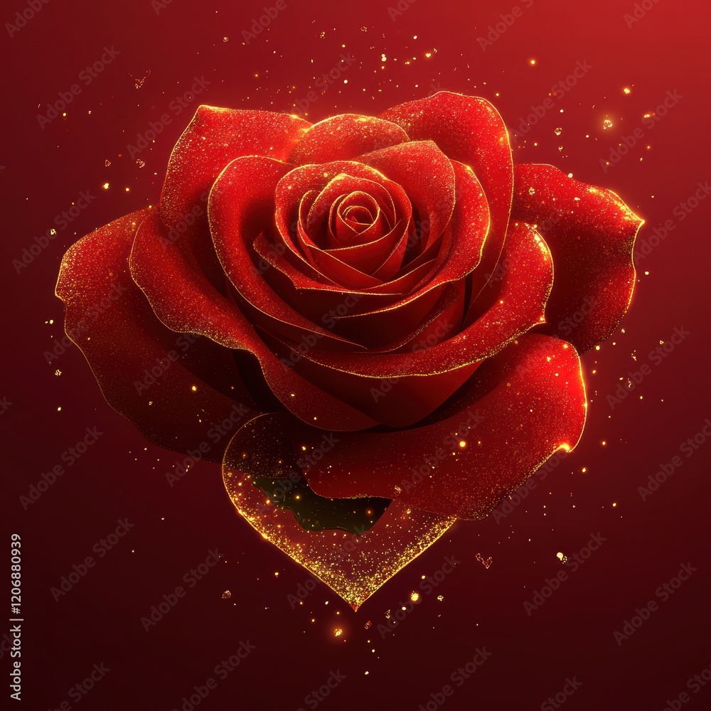 A lush red rose adorned with sparkling golden details captures the essence of love and romance, ideal for Valentine's Day festivities. Its vibrant colors and texture evoke deep emotion A lush red rose adorned with sparkling golden details captures the essence of love and romance, ideal for Valentine's Day festivities. Its vibrant colors and texture evoke deep emotion