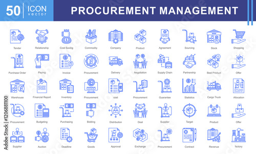 Procurement Management icon collection set. Containing supplier, sourcing, purchasing, negotiation, contract, business, purchase order icon. Ideal for business, logistics, and corporate needs.